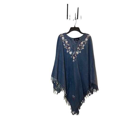 VTG Denim & Co M Boho Fringed Denim poncho With Embroidery Floral cape - Picture 1 of 9
